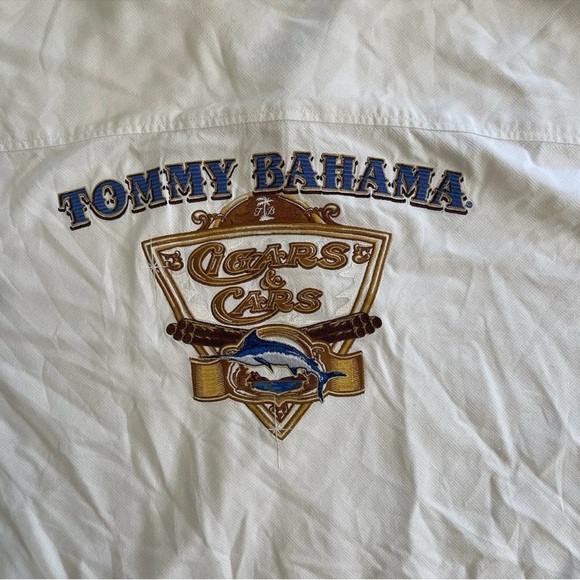 Tommy Bahama Silk Embroidered Shirt Men's Size XLX Cigars & Cars Beige Hawaiian - Picture 2 of 11